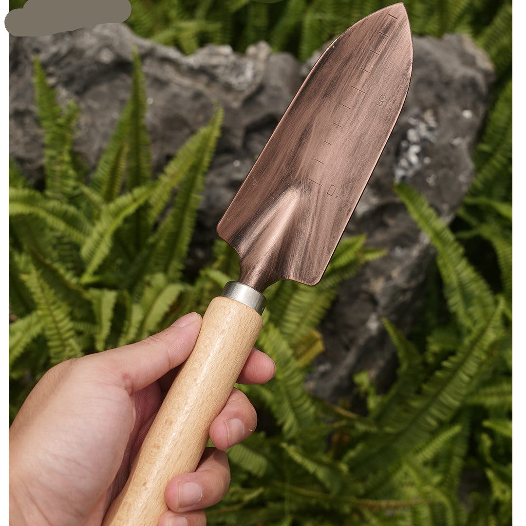 Mini Garden Transplanting Trowel – Narrow Stainless Steel Hand Shovel with Solid Wood Handle & Depth Scale