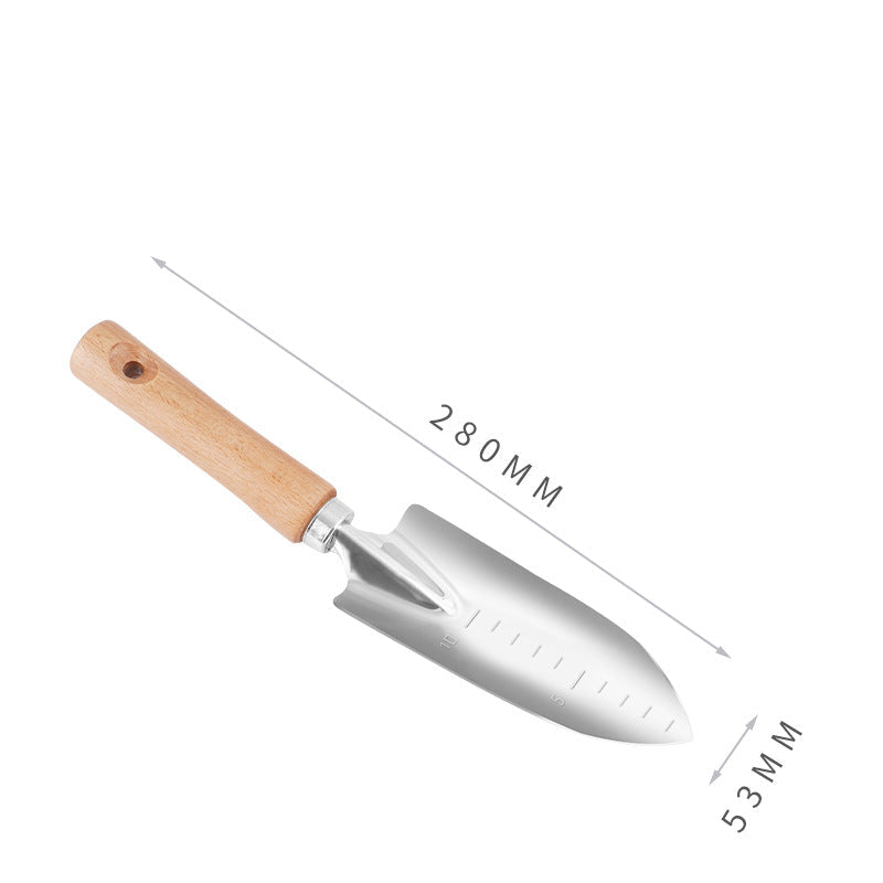 Mini Garden Transplanting Trowel – Narrow Stainless Steel Hand Shovel with Solid Wood Handle & Depth Scale