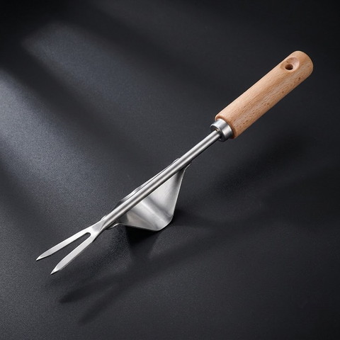 Hand Weeding Tool with Wooden Handle and V-Notch Fork Tip for Garden and Lawn Maintenance