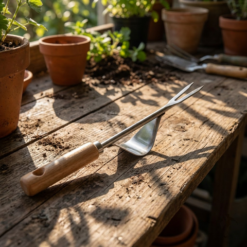 Hand Weeding Tool with Wooden Handle and V-Notch Fork Tip for Garden and Lawn Maintenance