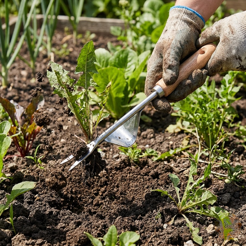 Hand Weeding Tool with Wooden Handle and V-Notch Fork Tip for Garden and Lawn Maintenance