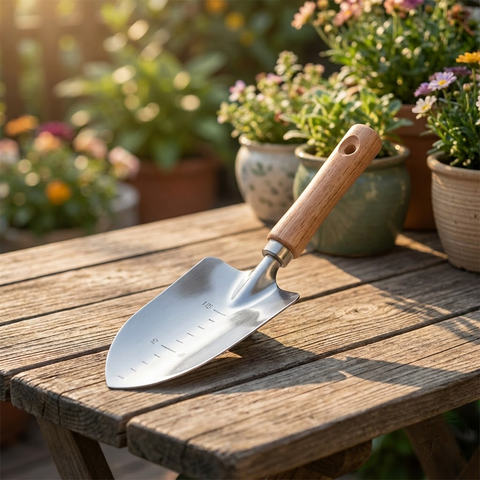 Stainless Steel Garden Trowel with Wooden Handle & Depth Markings