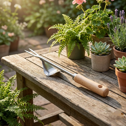 Hand Weeding Tool with Wooden Handle and V-Notch Fork Tip for Garden and Lawn Maintenance