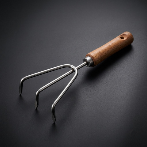 Hand Cultivator with Wooden Handle and Three Tines for Soil Loosening and Gardening