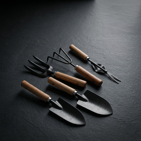 Black-Finish Wooden Handle Garden Hand Tool Set for Planting and Weeding