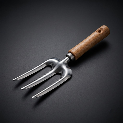 Garden Hand Fork with Wooden Handle and Three Tines for Soil Loosening and Weeding