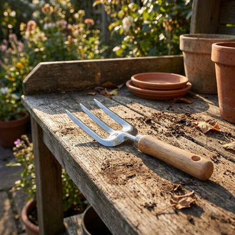 Garden Hand Fork with Wooden Handle and Three Tines for Soil Loosening and Weeding