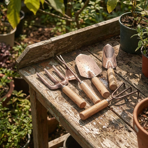 Copper-Finish Wooden Handle Garden Hand Tool Set for Planting and Weeding
