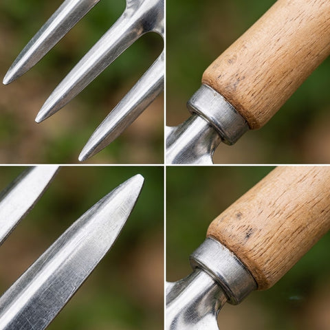 Garden Hand Fork with Wooden Handle and Three Tines for Soil Loosening and Weeding