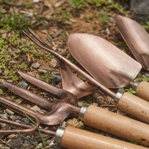 Copper-Finish Wooden Handle Garden Hand Tool Set for Planting and Weeding