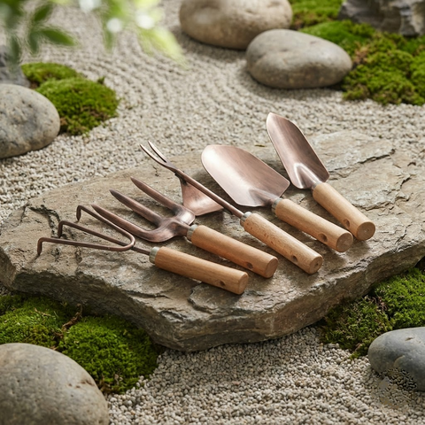 Copper-Finish Wooden Handle Garden Hand Tool Set for Planting and Weeding
