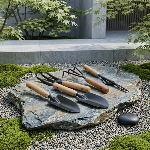 Black-Finish Wooden Handle Garden Hand Tool Set for Planting and Weeding