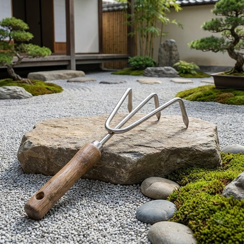Hand Cultivator with Wooden Handle and Three Tines for Soil Loosening and Gardening