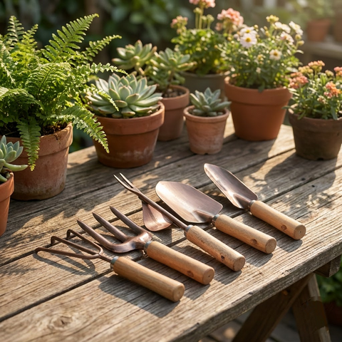 Copper-Finish Wooden Handle Garden Hand Tool Set for Planting and Weeding