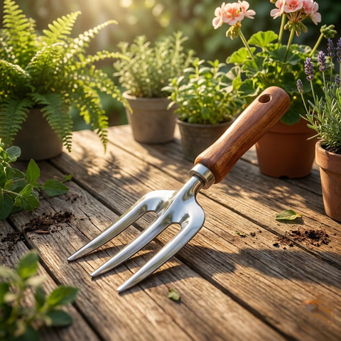 Garden Hand Fork with Wooden Handle and Three Tines for Soil Loosening and Weeding