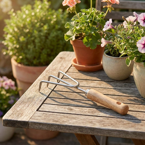 Hand Cultivator with Wooden Handle and Three Tines for Soil Loosening and Gardening