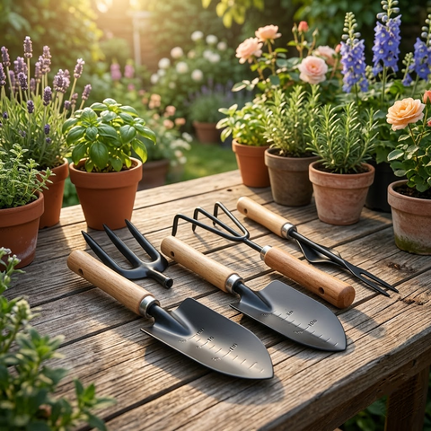 Black-Finish Wooden Handle Garden Hand Tool Set for Planting and Weeding